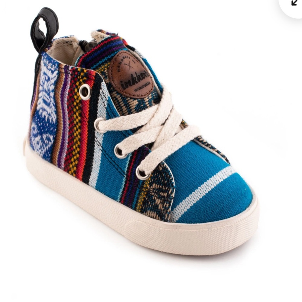 inkkas Kids High-Top Sneakers in Teal, Blue, White with Multicolor Stripe